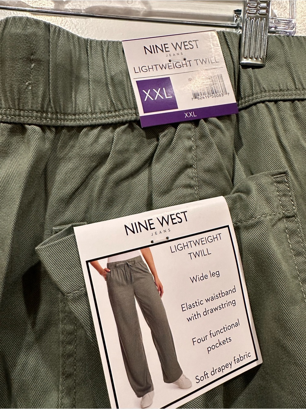 Nine West Olive Green Wide-Leg Lightweight Twill Pants